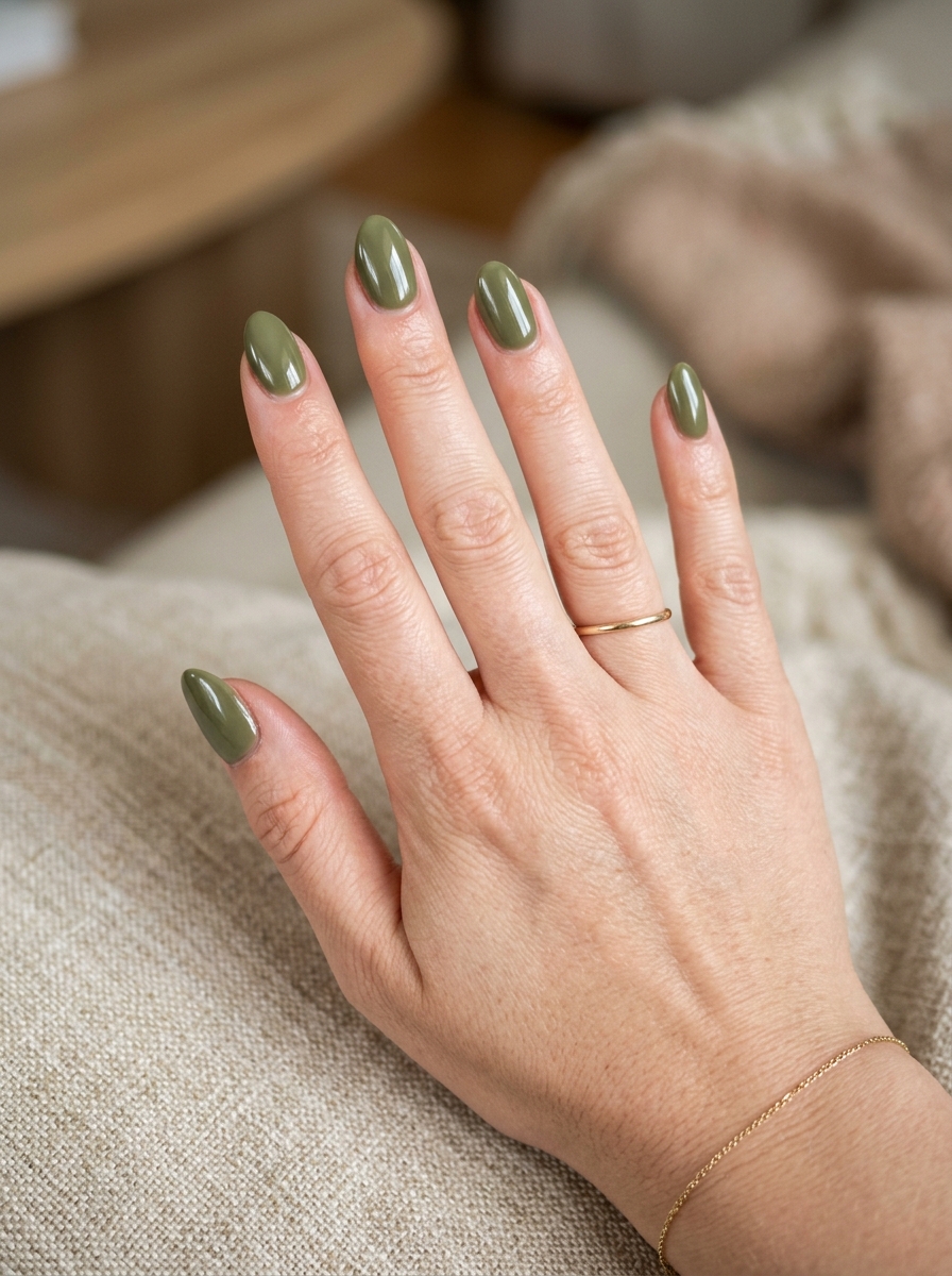 Short Almond Nails in Olive Green als Kurze Almond Nails Inspiration 2026